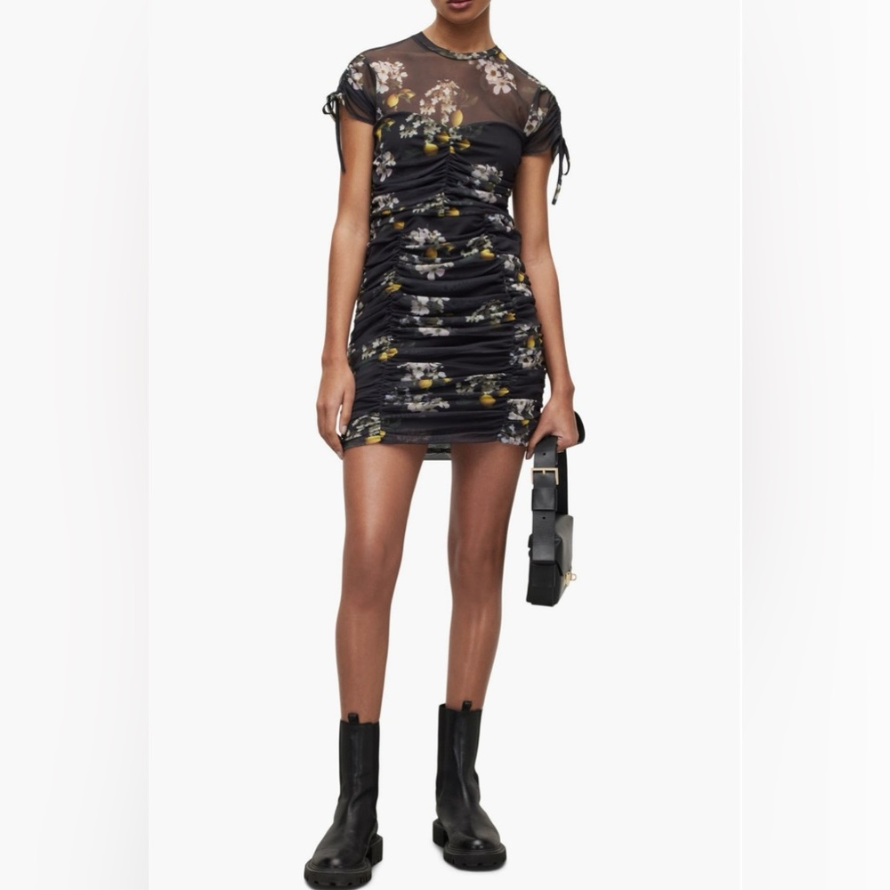 AllSaints - Giorgia Eugenia Floral Lemon Print Minidress w Ruching - size 6